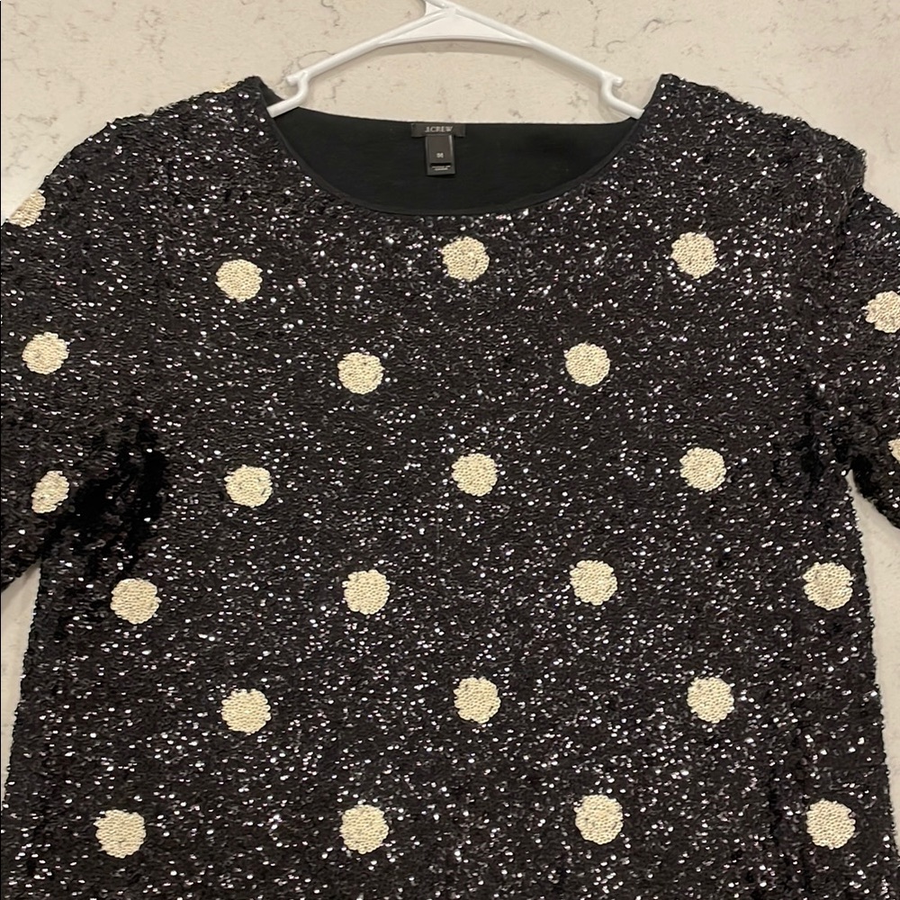 J. Crew Black Sequin Top with White Dots